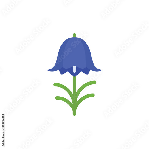 A simple, flat design illustration of a vibrant blue bellflower with green leaves and stem, set against a plain white background.