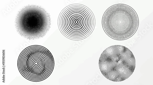 Set of abstract black and white circular patterns on white background.