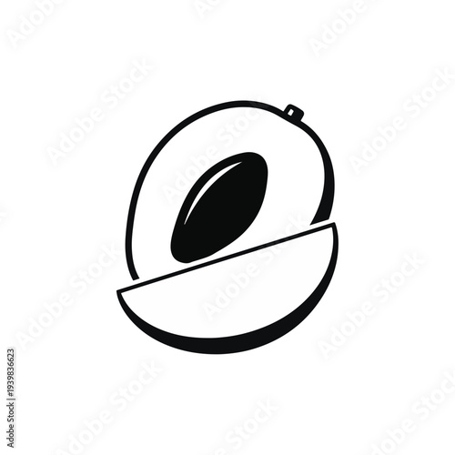 Black and white minimalist icon of a fruit, likely an avocado, cut in half to show its large pit. Simple graphic illustration on a white background.