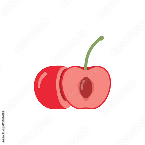 A bright red cherry, cut in half, revealing its light pink flesh and dark pit, with a green stem. Flat, minimalist vector illustration on a white background.