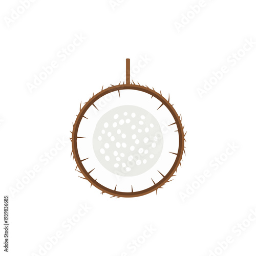 Stylized cross-section of a fruit with a spiky brown outer rind and a white, dotted interior. A small brown stem is at the top.