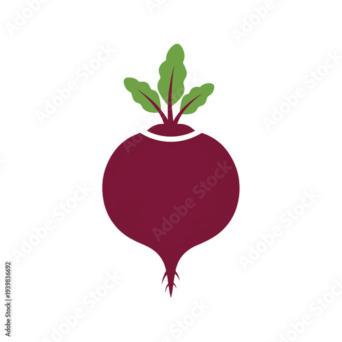 A minimalist vector icon of a dark red beet with three green leaves on a white background. Simple, stylized, and modern design.