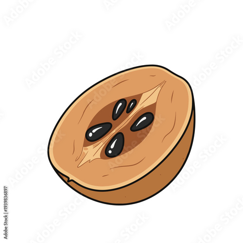 A halved sapodilla fruit reveals its brown flesh and shiny black seeds, set against a white background.