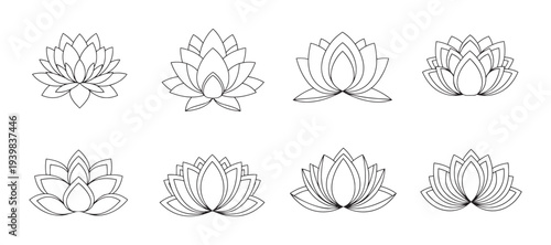 Set of black line art lotus vector illustration outlines on transparent background