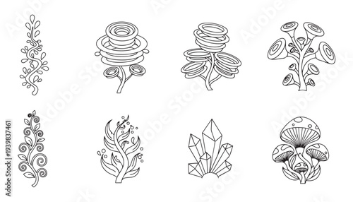 Set of fantasy plants and mushrooms line art vector illustration on transparent background