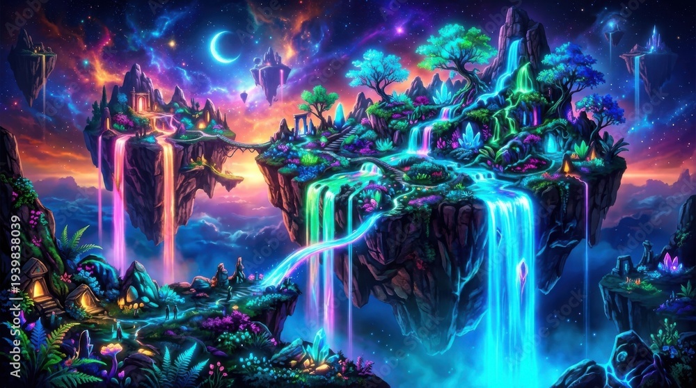 Fototapeta premium Mystical Floating Islands with Glowing Waterfalls and Vibrant Skies.