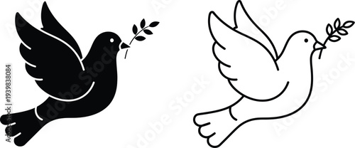 Dove of peace symbolism black white isolated on transparent background, Vector