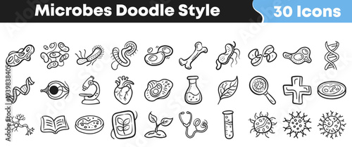 A comprehensive collection of hand-drawn doodle style icons representing various microbes, biology, and medical concepts, perfect for educational and scientific projects and designs.