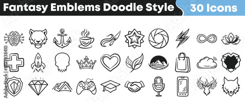 A versatile set of 30 unique hand-drawn doodle style emblems and universal icons perfect for creative graphic design projects and digital media applications.