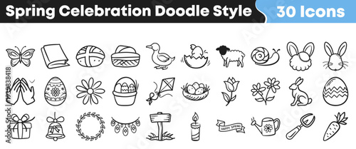 A delightful collection of thirty hand drawn doodle style icons representing various elements of the cheerful spring celebration season