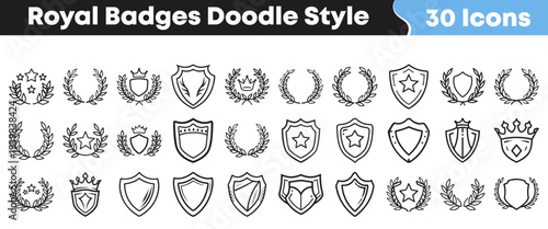 Collection of thirty hand drawn royal badges shields laurels stars and crowns presented in a simple black and white doodle style