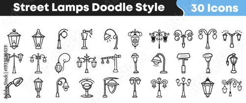 A comprehensive collection of hand-drawn street lamps and urban light fixtures, presented as versatile doodle style vector icons for design projects and web elements.