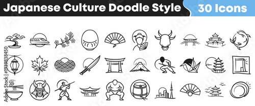 A comprehensive collection of charming doodle style icons representing essential elements of traditional and modern Japanese culture, perfect for diverse creative design projects.