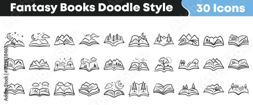 Collection of thirty hand drawn black and white doodle style icons representing fantasy books with mountain and nature themes.
