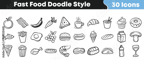An engaging collection of hand-drawn fast food, snack, and beverage icons designed in a playful doodle style, perfect for various culinary and restaurant-themed design projects.
