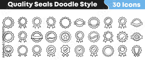 Collection of thirty unique hand drawn quality seals badges and award ribbons icons in a simple doodle outline style for design.