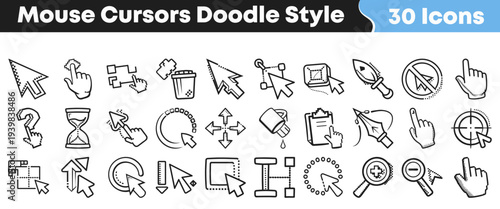 Collection of thirty unique hand drawn digital mouse cursors and pointer icons representing various computer interactions and commands