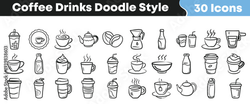 Illustrative set of thirty coffee and beverage icons in a charming doodle style, ideal for cafe branding, digital art, and graphic design needs.