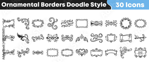 Collection of thirty hand drawn vintage ornamental borders flourishes and decorative elements in a simple doodle style