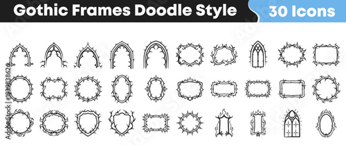 A collection of gothic frames and doodle style icons featuring thorny borders and intricate arch shapes, perfect for dark fantasy and Halloween designs.