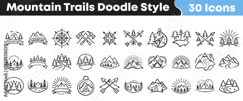 A collection of thirty doodle style mountain and outdoor adventure trail icons perfect for travel branding designs.