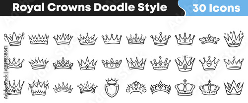 A diverse collection of hand-drawn royal crowns in a charming doodle style offers a variety of regal and majestic designs perfect for creative projects and whimsical artwork.