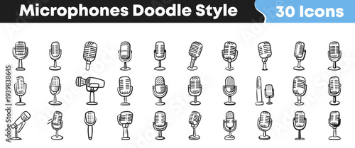 A comprehensive set of thirty hand-drawn doodle style microphone icons, perfect for enhancing audio related content, including podcasts, music, live events, and various media production projects.