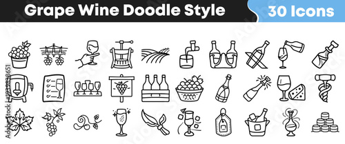 Collection of thirty unique hand drawn doodle style icons representing grape harvesting winemaking equipment and various glasses of wine