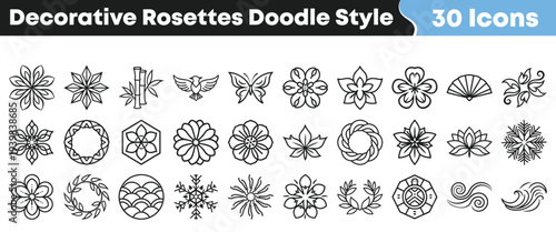 Collection of thirty decorative rosettes and nature inspired icons rendered in a simple black and white doodle style format