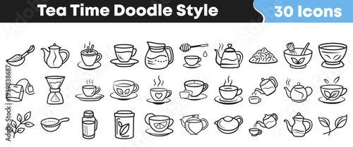 Collection of thirty hand drawn doodle style icons representing various elements associated with the delightful ritual of enjoying hot tea.