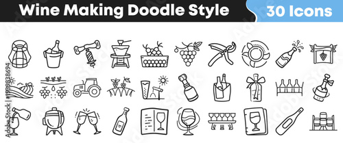 A collection of wine making doodle style icons showcasing the entire process from grape cultivation to bottle enjoyment and tasting.
