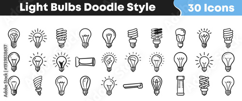 Collection of thirty hand drawn doodle style light bulb icons representing various ideas energy and illumination concepts