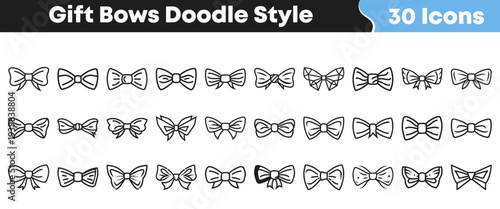 This delightful set features thirty unique gift bow icons, meticulously crafted in a charming doodle style, ideal for enhancing festive designs and various creative projects.