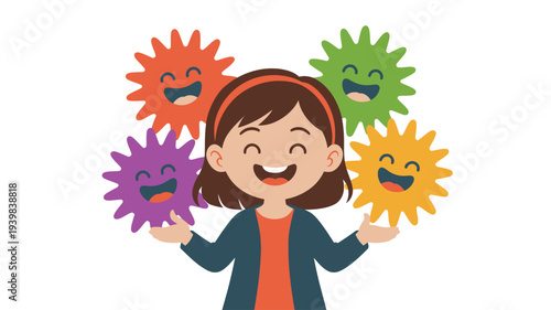 Girl surrounded by happy shapes illustration