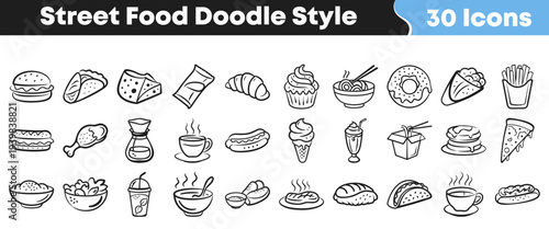 Collection of thirty black and white doodle style icons representing various popular street food items and beverages for design projects.