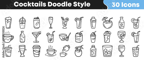 Delightful collection of doodle style cocktail and beverage icons in black and white, ideal for various design projects, including menus, mobile applications, and charming website illustrations.