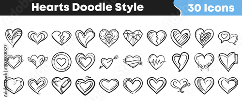 A delightful collection of thirty charming doodle style heart icons perfect for expressing various emotions, love, and affection in creative graphic designs.