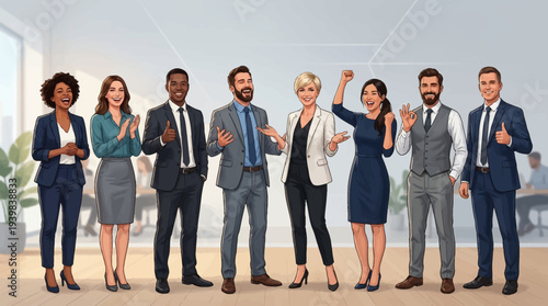 Diverse group of professionals celebrating success in a modern office.