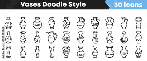 A diverse collection of hand-drawn doodle style vase icons illustrating various shapes, sizes, and decorative patterns perfect for artistic design projects and creative content.