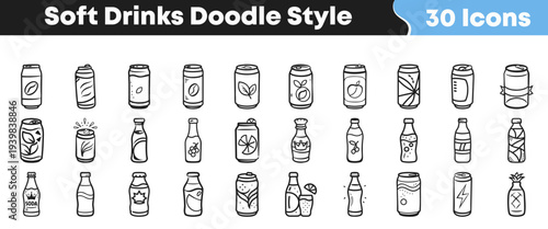 A vibrant collection of hand-drawn soft drink and beverage icons showcasing various refreshing refreshments in a charming doodle style, perfect for engaging design projects and playful branding.