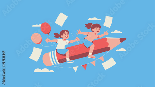 Girls flying on giant pencil through sky