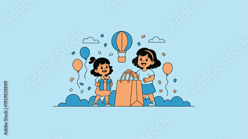 Girls holding gifts shopping balloons