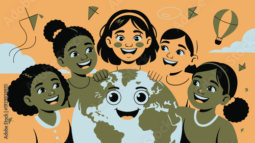 Girls Around Smiling Earth Globe