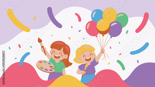 Girls painting and holding party balloons