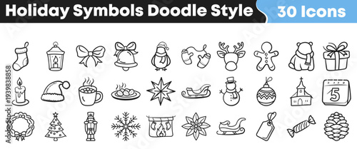 Collection of thirty distinct hand drawn doodle style holiday and winter celebration icons perfect for seasonal design projects