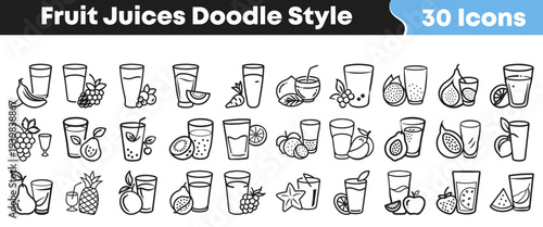 A comprehensive collection of thirty hand-drawn doodle style black and white line art icons showcasing various fresh fruit juices with their corresponding whole fruits.