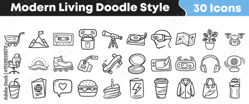 Collection of thirty modern living doodle style icons featuring electronics travel hobbies and everyday lifestyle objects