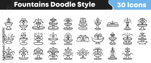 Collection of thirty black and white doodle style icons representing various types of decorative outdoor water fountains.