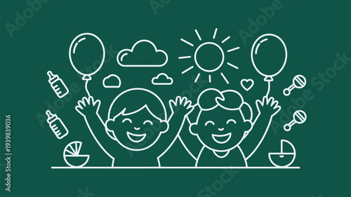 Happy children baby line art