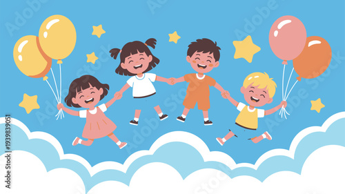 Happy children balloons clouds